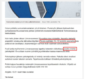 Yle kuvakaappaus. Oikeassa poliisitiedotteessa molemmissa punaisen kohdan teksteissä puhutaan ulkomaalaistaustaisista. Yle jättänyt ulkomaalaistaustaiset mainitsematta.